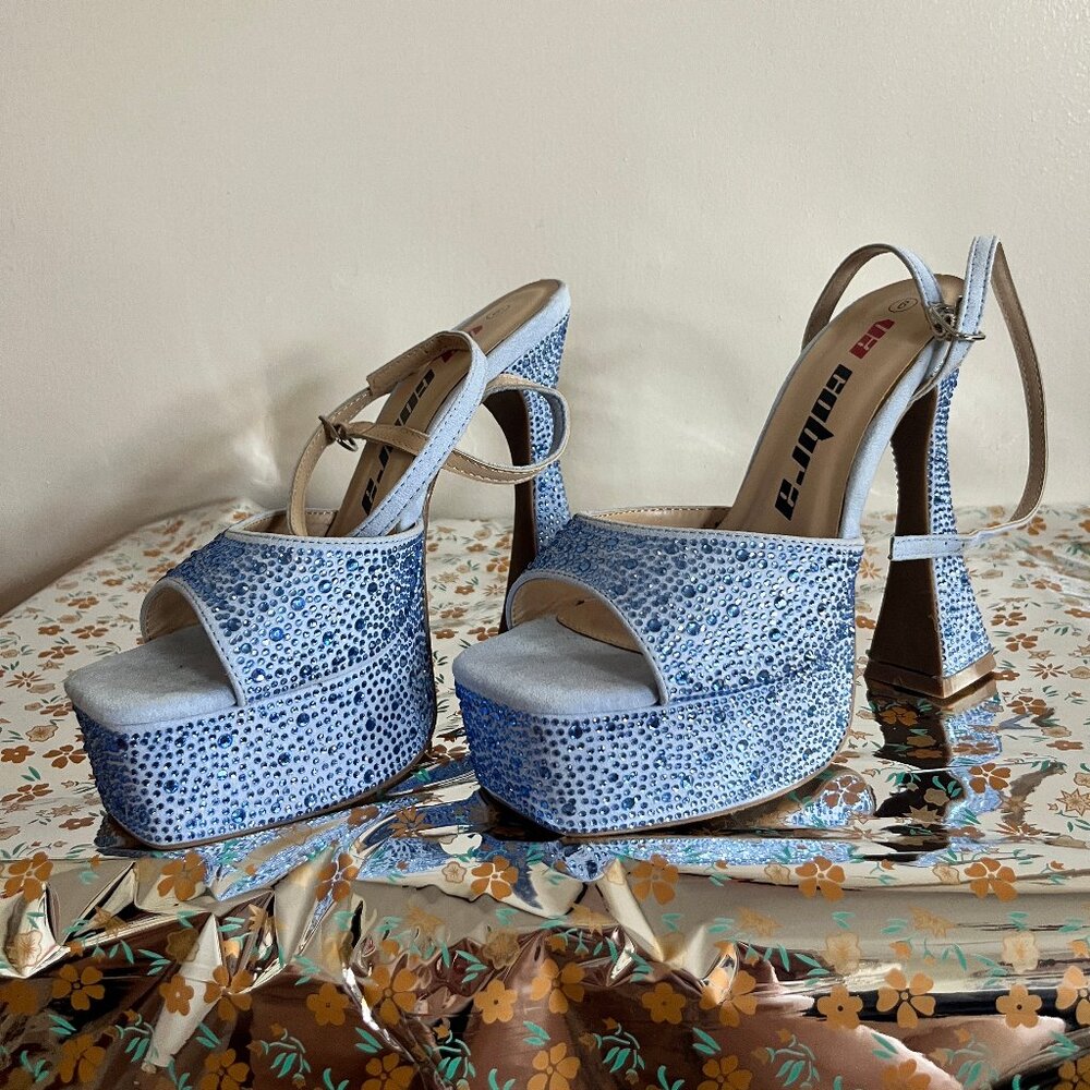 Blue Rhinestone Platform Heels